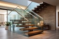 Contemporary interiors with glass fencing and wooden stairs. Elevate your space with modern elegance and urban flair Royalty Free Stock Photo