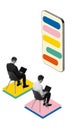 Contemporary isometric art collage or modern design. Two men, employees sitting on big laptopand chatting. Online