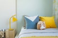 Kid bedroom in blue and yellow tone pillow with many doll on bed.