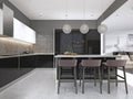 Contemporary kitchen with a black glossy facade with an island and bar stools Royalty Free Stock Photo