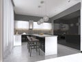 Contemporary kitchen with a black glossy facade with an island and bar stools Royalty Free Stock Photo