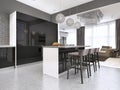 Contemporary kitchen with a black glossy facade with an island and bar stools Royalty Free Stock Photo