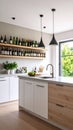 Contemporary kitchen design featuring a sleek island ample wine storage and natural light Royalty Free Stock Photo