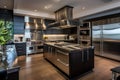 A contemporary kitchen featuring stainless steel appliances and sleek wood floors., A sleek, modern kitchen with stainless steel Royalty Free Stock Photo