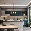 A contemporary kitchen with high-gloss cabinets, a breakfast bar, and pendant lights3 Royalty Free Stock Photo