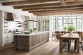 A contemporary kitchen with light wood flooring, white cabinetry, and wooden ceiling beams Royalty Free Stock Photo