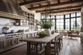 A contemporary kitchen with light wood flooring, white cabinetry, and wooden ceiling beams Royalty Free Stock Photo