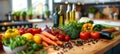 Contemporary kitchen with marble countertop, fresh produce on table, promoting healthy living Royalty Free Stock Photo