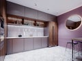 Contemporary kitchen with purple walls and brown and gray furniture, kitchen apron made of curly tiles