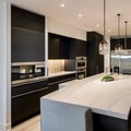 20 A contemporary kitchen with sleek cabinetry, a waterfall countertop, and statement pendant lighting2, Generative AI