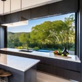 20 A contemporary kitchen with sleek cabinetry, a waterfall countertop, and statement pendant lighting5, Generative AI