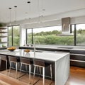 A contemporary kitchen is sleek and spotless