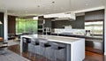 A contemporary kitchen is sleek and spotless