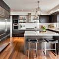 A contemporary kitchen is sleek and spotless