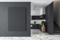 Contemporary kitchen studio interor and blank black billboard