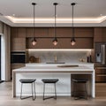 A contemporary kitchen with a waterfall island, pendant lights, and open shelving3