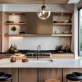 A contemporary kitchen with a waterfall island, pendant lights, and open shelving1