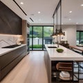 A contemporary kitchen with a waterfall island, pendant lights, and open shelving2