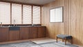 Contemporary kitchen with wooden walls and frame mockup in gray tones. Big window with venetian blinds, cabinets, carpets and Royalty Free Stock Photo