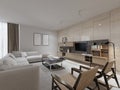 Contemporary living with big white sofa and large beige wall system with TV