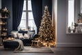 Contemporary living room adorned a Christmas tree and a stylish sofa