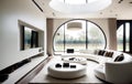 contemporary living room with an open floor plan, featuring a large ceiling lamp (AIgen)