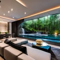 A contemporary living room with a built-in indoor waterfall, modern sculptures, and mirrored walls3, Generative AI