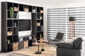 Contemporary living room features large shelves and two comfortable chairs