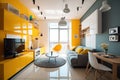 contemporary living room interior design, featuring yellow and blue colors for fresh and modern look Royalty Free Stock Photo