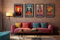 contemporary living room interior design red sofa with wall paintings Royalty Free Stock Photo