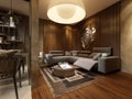 Contemporary living room with a large corner sofa and designer white semicircular chandelier, evening light