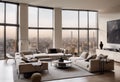 Contemporary Living Room with Large Windows Overloaded with Beauty: High Detailed City View Photography Royalty Free Stock Photo