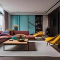 A contemporary living room with modular furniture and pops of bold colors2