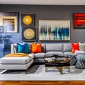 5 A contemporary living room with a sectional sofa, colorful pillows, and a gallery wall3, Generative AI Royalty Free Stock Photo