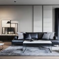 A contemporary living room with a sleek leather sofa, a glass coffee table, and a minimalist color palette of black, white, and Royalty Free Stock Photo