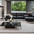 A contemporary living room with a sleek leather sofa, a glass coffee table, and a minimalist color palette of black, white, and Royalty Free Stock Photo