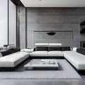 A contemporary living room with a sleek leather sofa, a glass coffee table, and a minimalist color palette of black, white, and Royalty Free Stock Photo