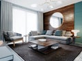 Contemporary living room studio, aquamarine walls with wooden panels and a round mirror, a white corner sofa and a black cabinet