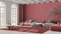 Contemporary living room in white and red tones. Velvet sofa and carpet. Stone floor, arched windows and vaulted ceiling. Royalty Free Stock Photo