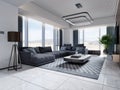 Contemporary living room and wooden TV wall with a copper niche with decor and a large gray corner sofa near a large panoramic