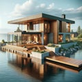 Contemporary Lodge Lakehouse Cabin Wilderness Fishing Log Chalet Home Exterior Wooden House Construction AI Generated