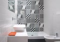 Contemporary loft bathroom with walk in shower unit and black and white monochrome porcelain wall tiles. Royalty Free Stock Photo