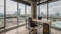 Contemporary loft office with unobstructed views of the city skyline from large windows