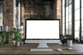 Contemporary Loft Office Workspace Interior with Modern Pc Desktop Computer Mockup on Table Royalty Free Stock Photo