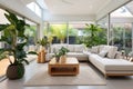 contemporary lounge with tropical plant display