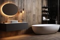 Contemporary luxury bathroom with wooden texture, hanging lamps, and elegance Royalty Free Stock Photo