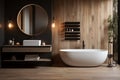 Contemporary luxury bathroom with wooden texture, hanging lamps, and elegance Royalty Free Stock Photo