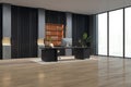 Contemporary luxury office interior with window and city view, bookcase and other objects. Royalty Free Stock Photo