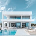 Contemporary luxury white villa close up exuding elegance against clear blue skies