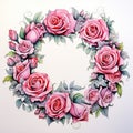 Contemporary Marker: Pink Rose Wreath Illustration With Intricate Gothic Motifs